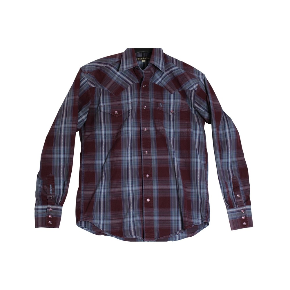 Stetson Mens Purple Plaid Pearl Snap Western Cowboy Shirt Long Sleeve Small